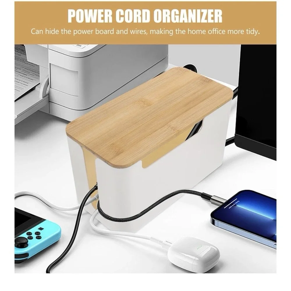 Cable Management Box Cord Organizer w/ Bamboo Lid White 12.18 x 5.58 x 5.11